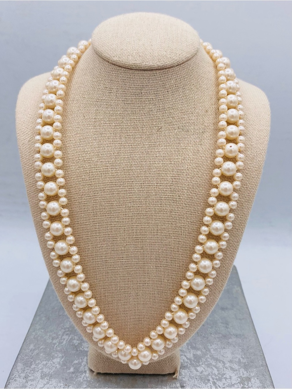 Vintage Faux Pearl 3 Strand Choker Necklace Woven To Firm A V Shaoe